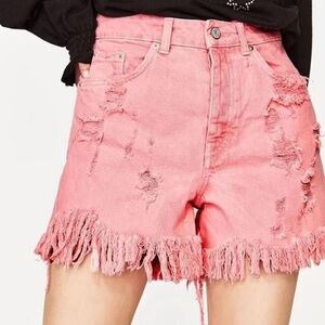 Zara Salmon Pink High Rise Destroyed Fringe Denim Jean Shorts